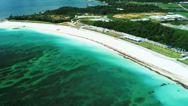 Luchtbeeld van een kustgebied met een zandstrand, helder turquoise water en een dichtbegroeid bosgebied.
