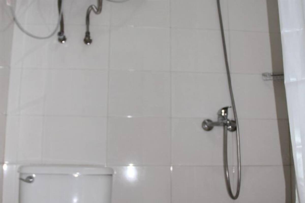 A bathroom with white tiled walls, a toilet, and a shower with a handheld showerhead.