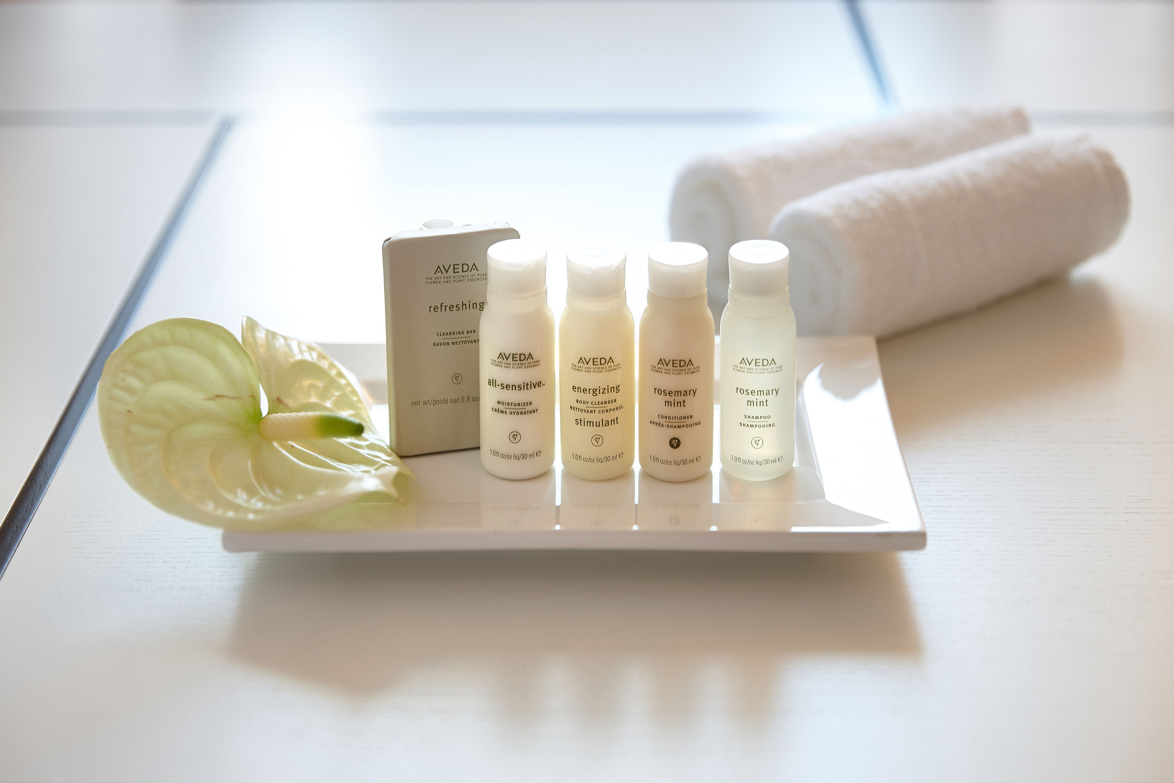 designer toiletries, hair dryer, bathrobes, slippers