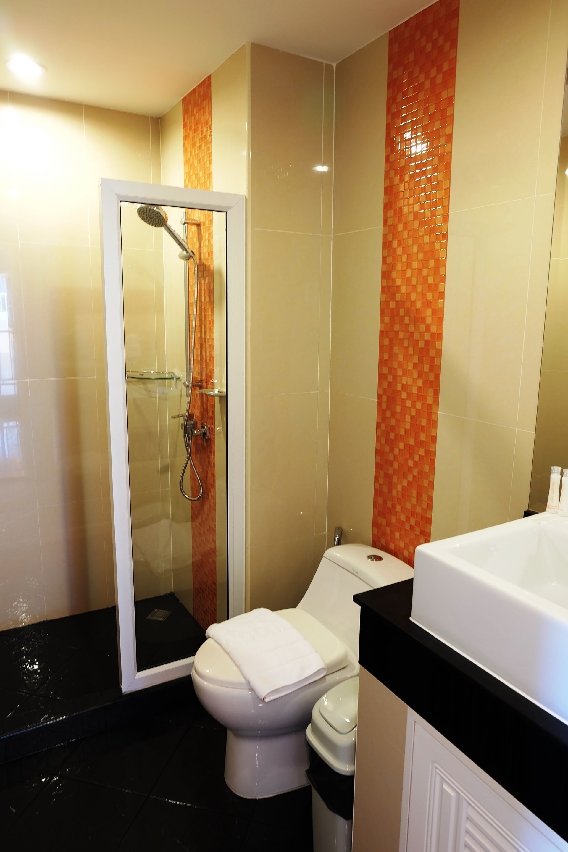 A bathroom with a glass-enclosed shower, a toilet, and a bathtub.