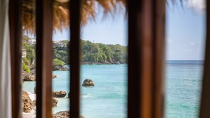 A coastal view through a window with a thatched roof, rocky shoreline, and clear turquoise water. - Rock 'n Reef Hotel (Pecatu)