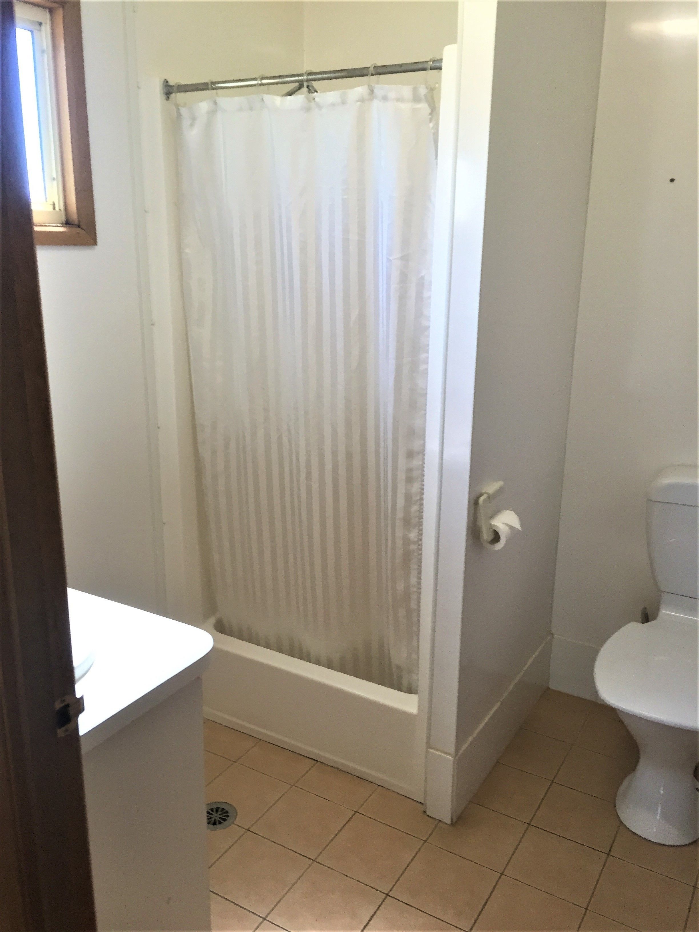 Une salle de bain avec un rideau de douche, des toilettes et un lavabo.