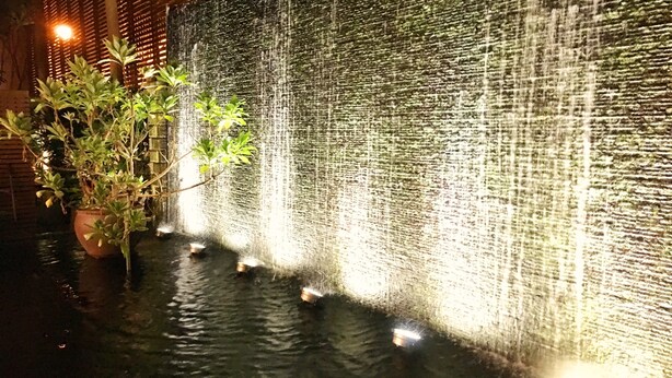 A wall with a water feature, potted plants, and a wooden structure. - Century Hotel Taoyuan (Taoyuan City)