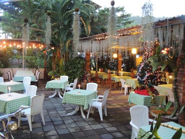Un espace extérieur aménagé en terrasse, avec des tables et des chaises, entouré de verdure et illuminé de guirlandes lumineuses.