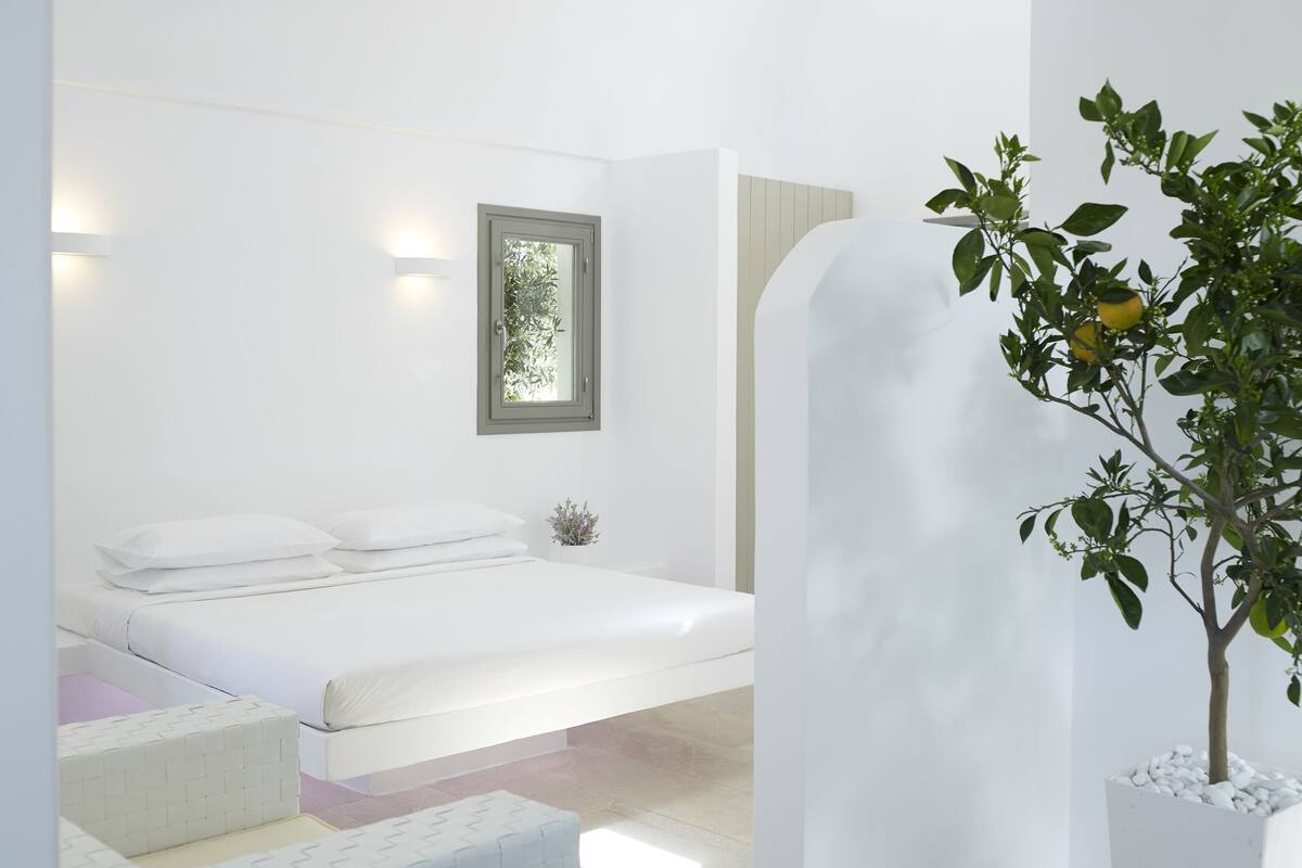 Une chambre à coucher moderne, avec un lit, une petite table de chevet, une plante en pot et une fenêtre donnant sur un paysage verdoyant.
