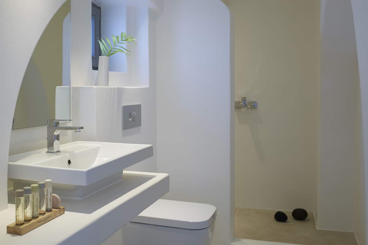Une salle de bain moderne avec un lavabo blanc, un miroir et des toilettes. On trouve des articles de toilette sur le lavabo et une plante dans un coin.