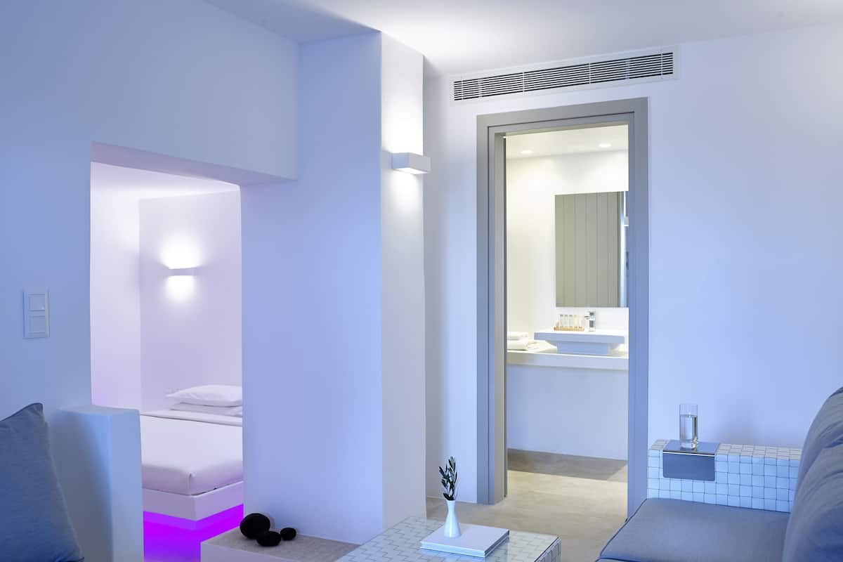 Une chambre d’hôtel moderne avec un canapé, une petite table ornée d’un vase et donnant sur la salle de bain.