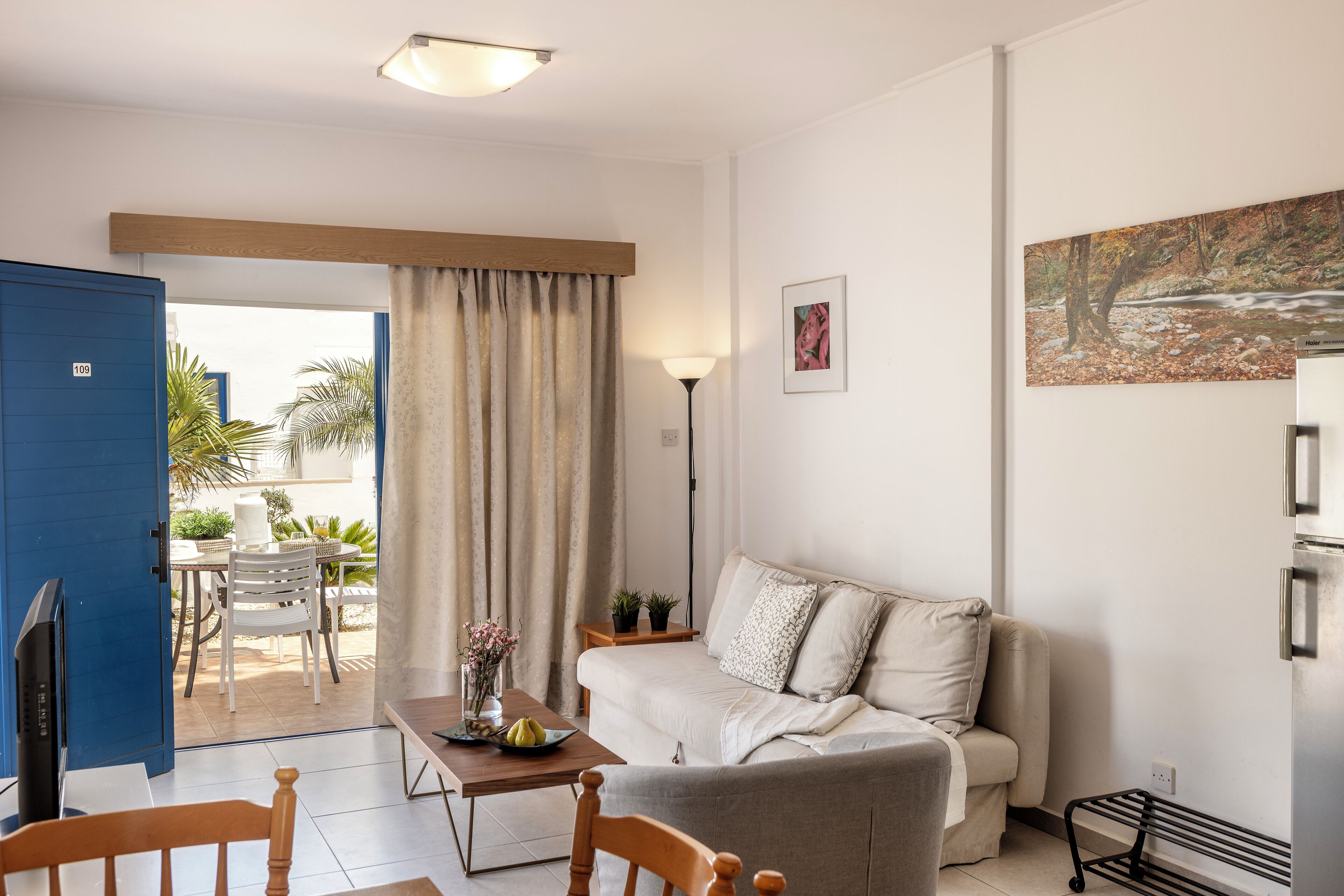 A living room with a sofa, a coffee table, a TV, and a dining area with chairs and a table.