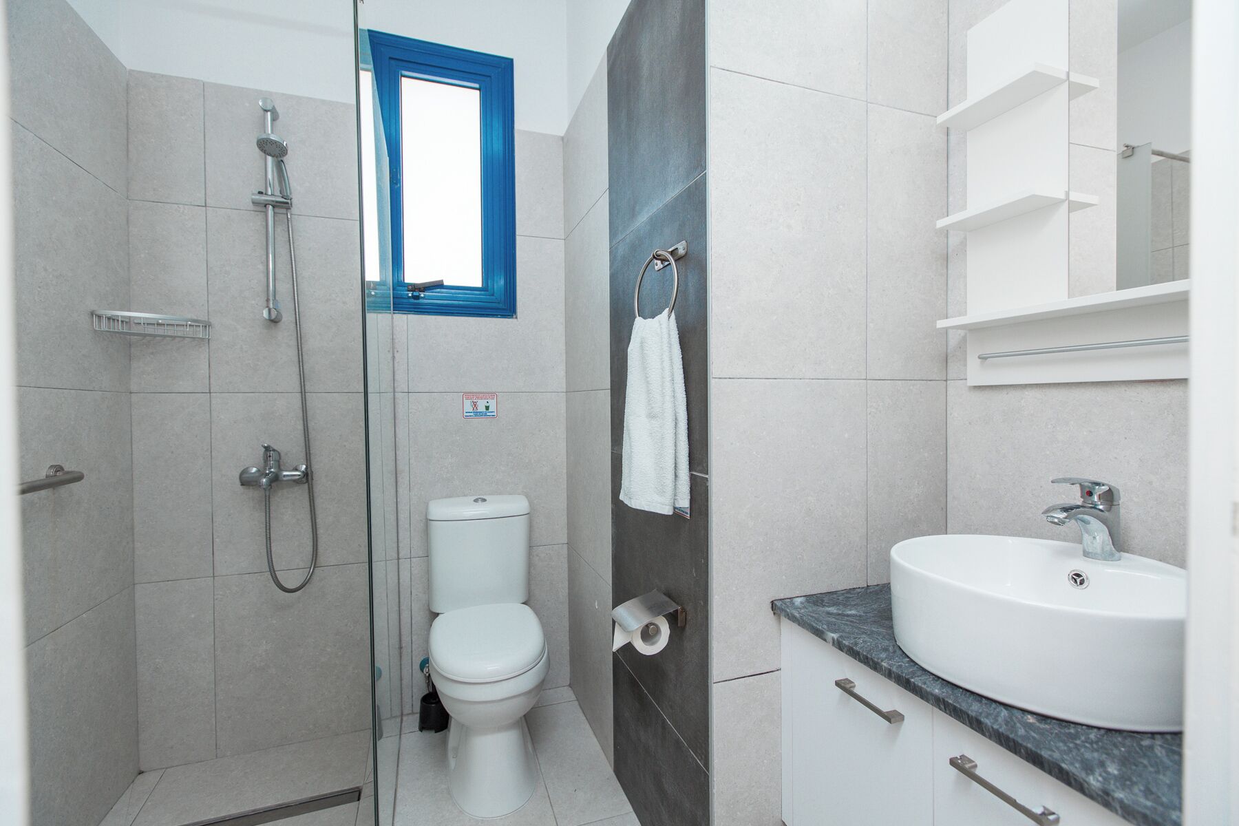 Une salle de bain moderne équipée d’une douche, de toilettes et d’un lavabo.