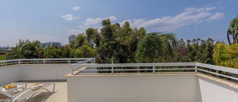 A rooftop terrace with a table, chairs, and a bowl of apples.