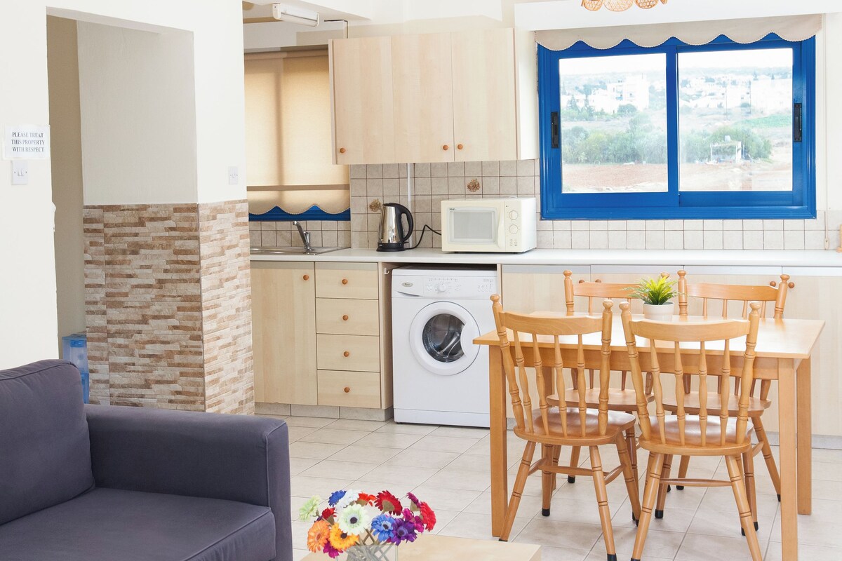 A modern apartment with a living room, dining area, and kitchen.