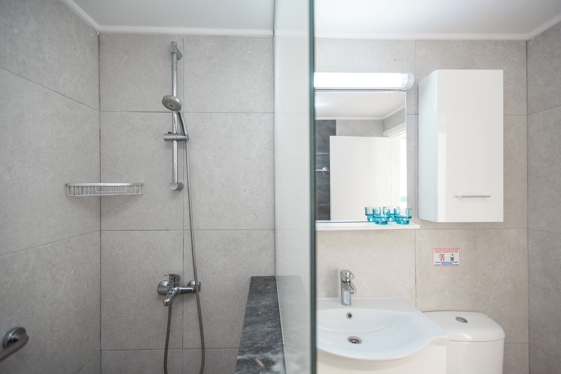 A modern bathroom with a shower, sink, and mirror.
