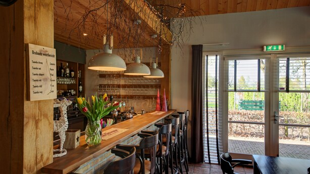 A restaurant interior with a wooden bar, multiple hanging pendant lights, and a view of the outside through large windows. - Hotel Hof van 's Gravenmoer (Gravenmoer)
