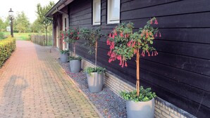A pathway leading to a black wooden building with potted plants and hanging flowers. - Hotel Hof van 's Gravenmoer (Gravenmoer)