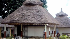 Una estructura con techo de paja, un área de estar cubierta, una puerta y un pequeño jardín con sillas y plantas.