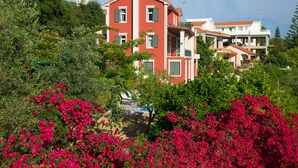 A multi-story building with balconies, surrounded by lush greenery and vibrant flowers. - Liogerma Vacation Home (Kefalonia)