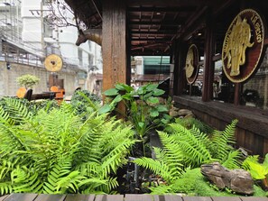 A restaurant with a wooden exterior, a large window with a decorative elephant emblem, and lush green ferns in the foreground.