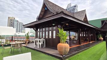 Outdoor pool, pool umbrellas, pool loungers