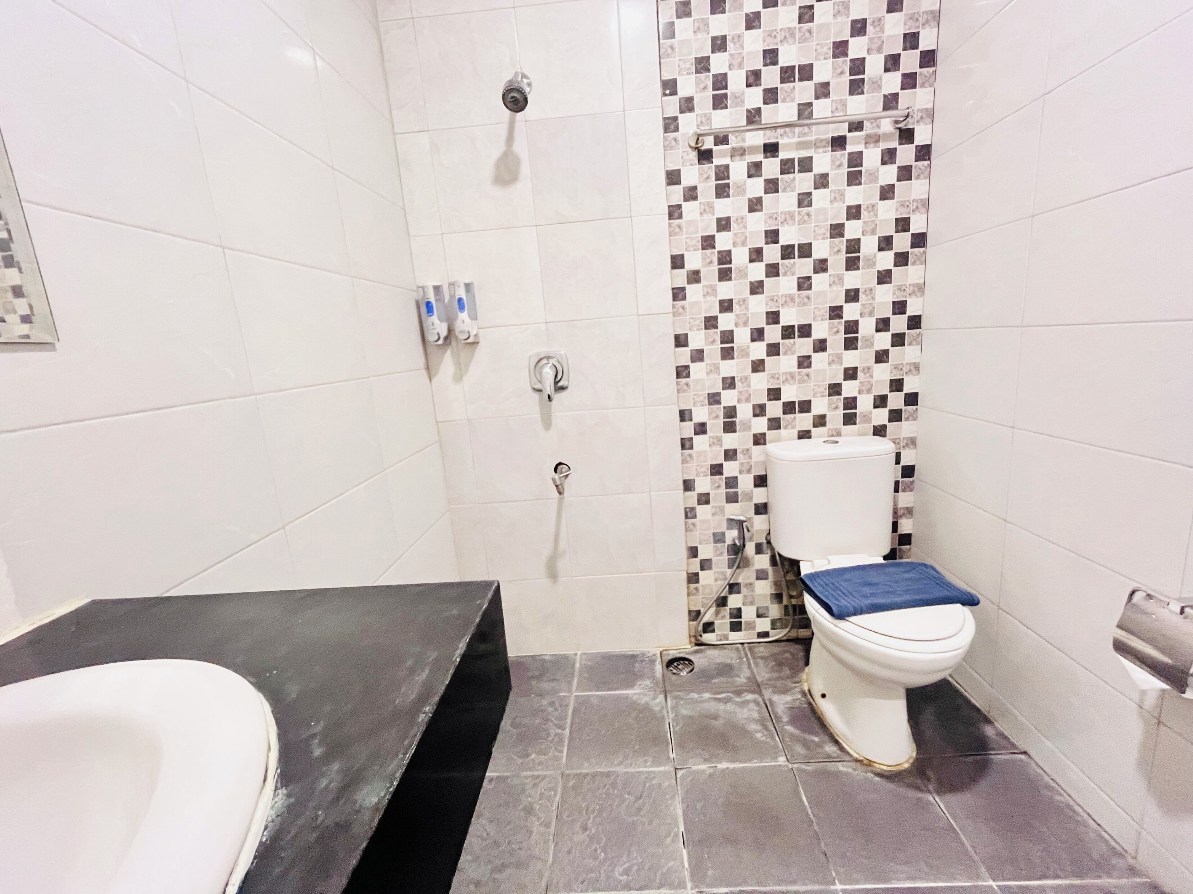 A bathroom with a bathtub, toilet, and shower.