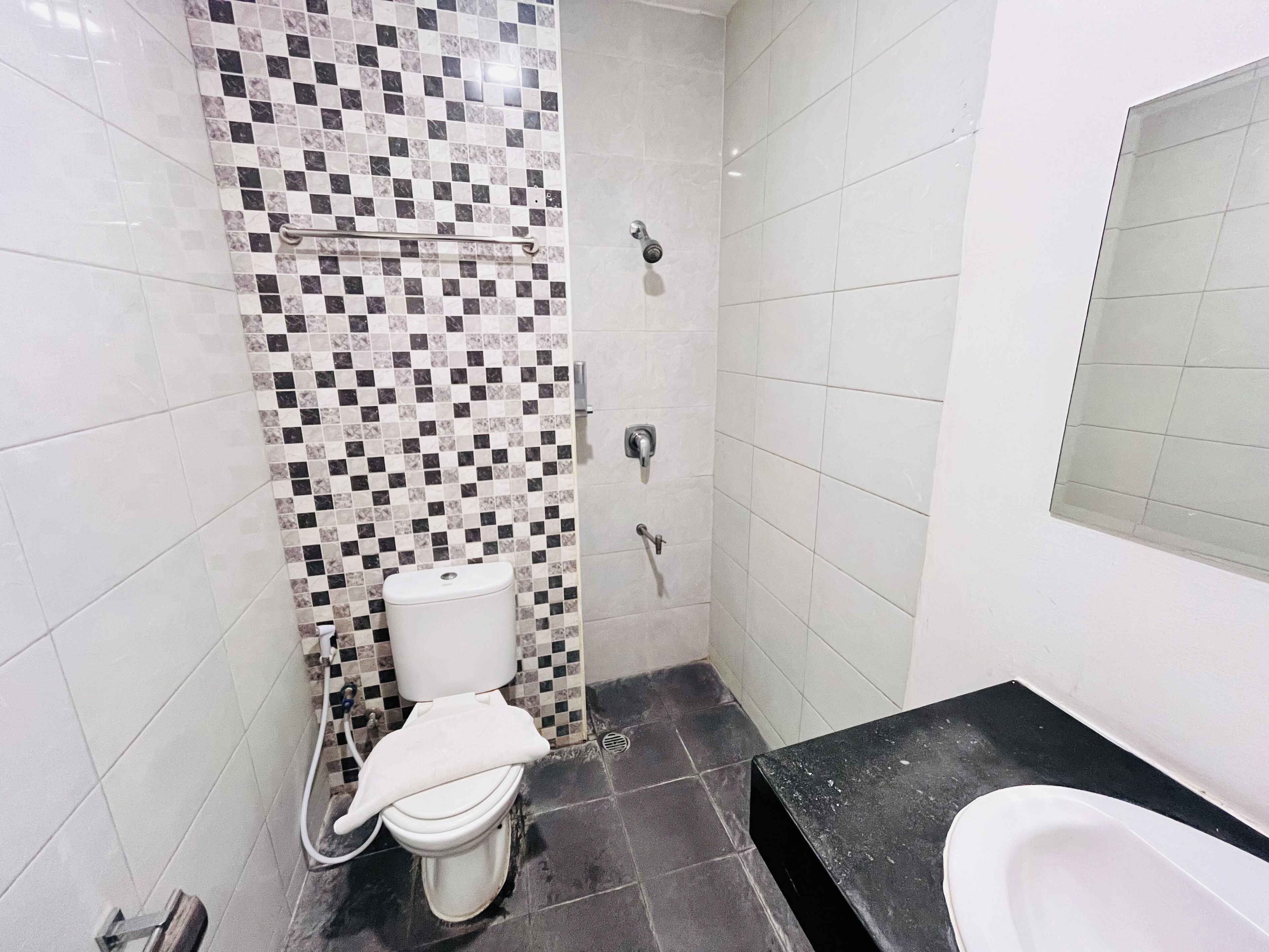 Een kleine badkamer met een toilet, een douche en een bad.