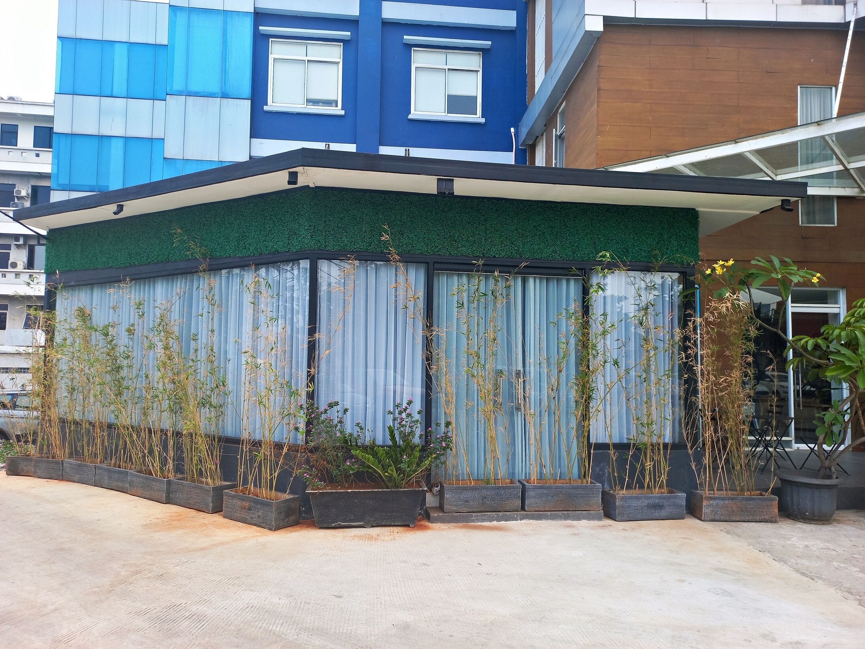 A modern building with a green roof, large windows, and a covered outdoor area with potted plants.