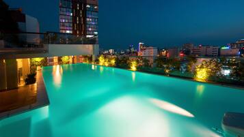 Outdoor pool, pool umbrellas, pool loungers