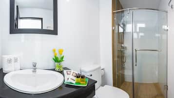 Dusche, kostenlose Toilettenartikel, Haartrockner, Hausschuhe
