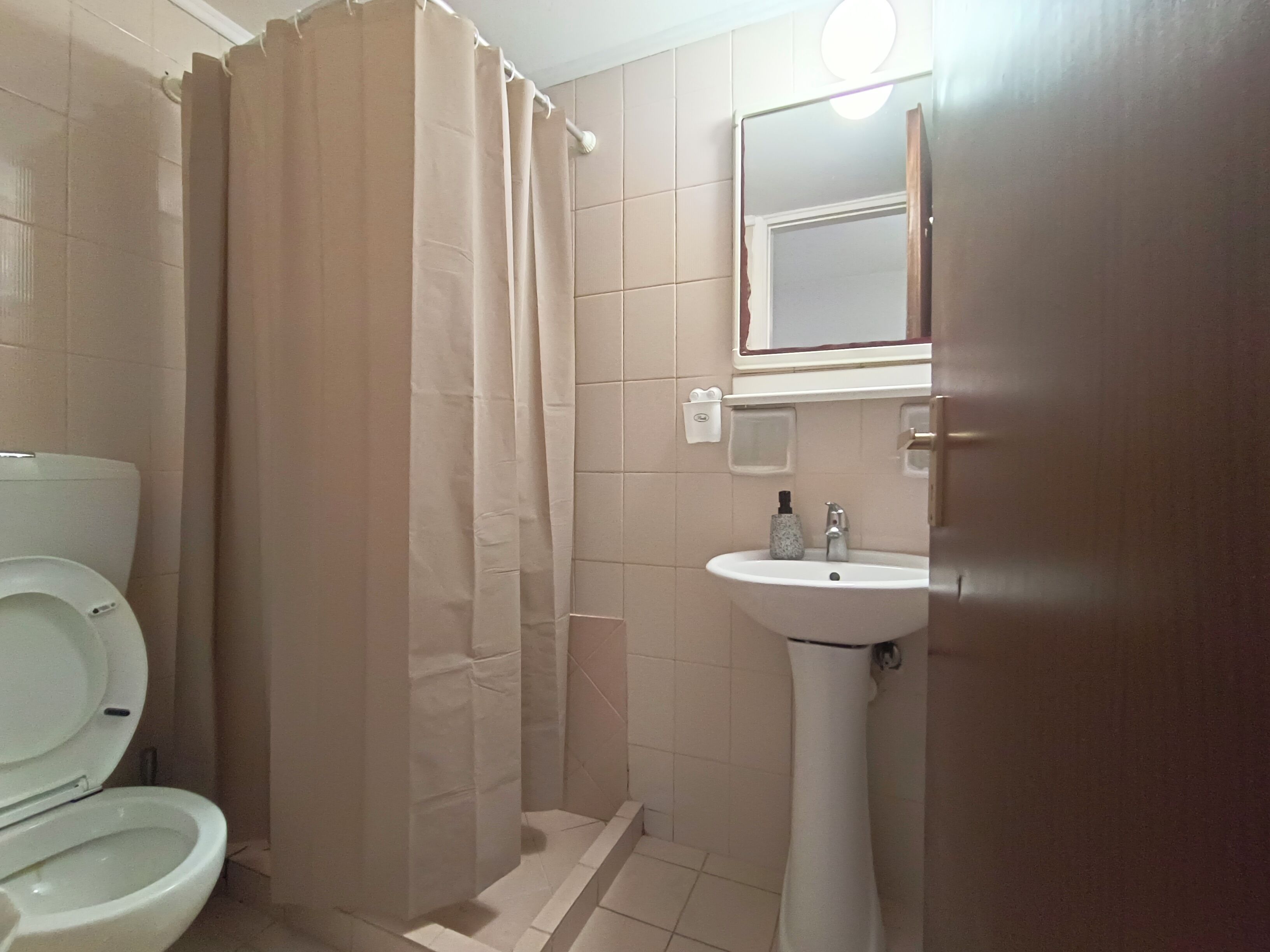 A bathroom with a toilet, a sink, and a shower curtain.