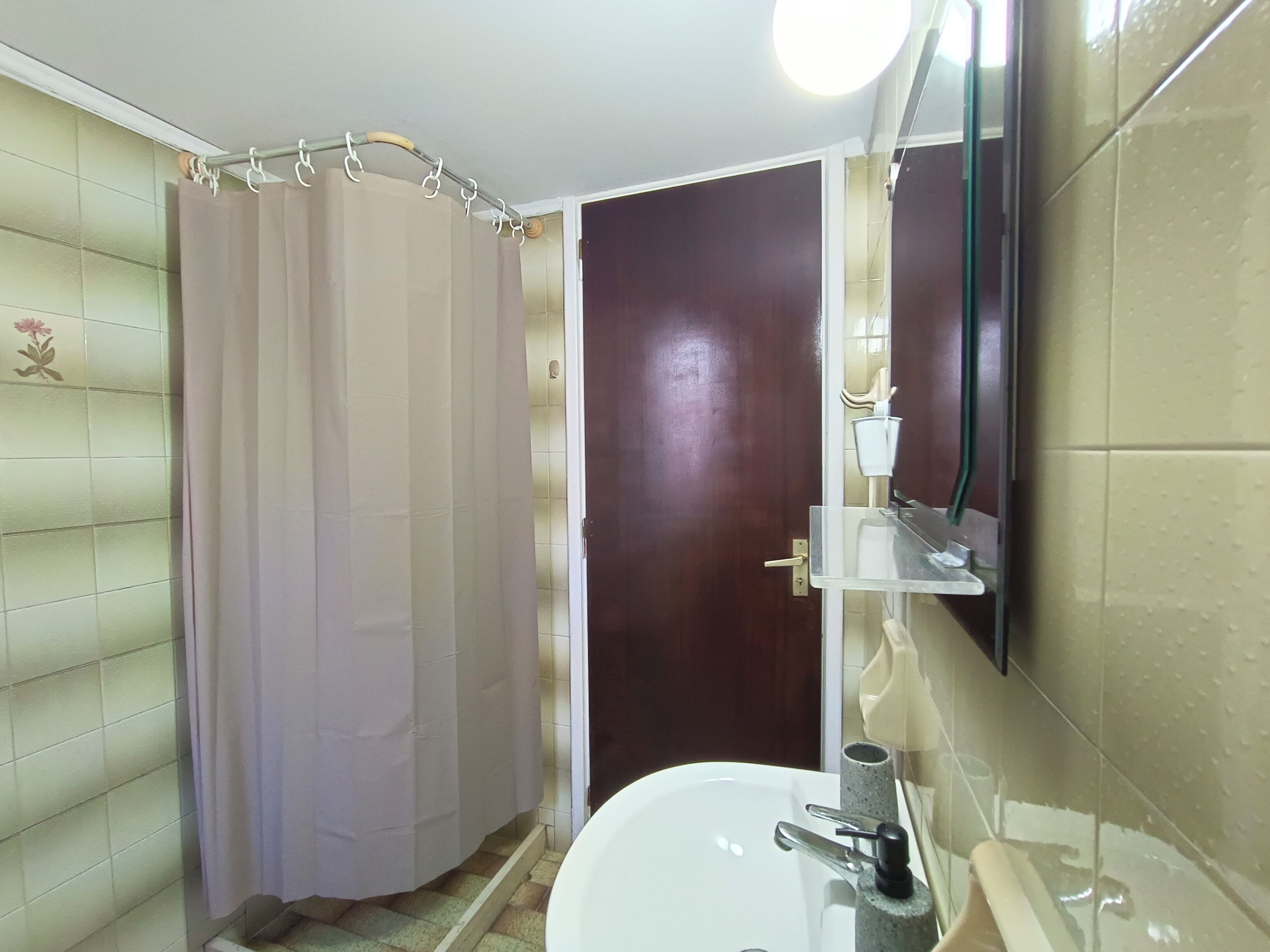 Un baño con cortina de ducha, un lavabo, un espejo y una puerta.