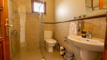 A bathroom with a glass shower enclosure, a toilet, a sink, and a trash can.