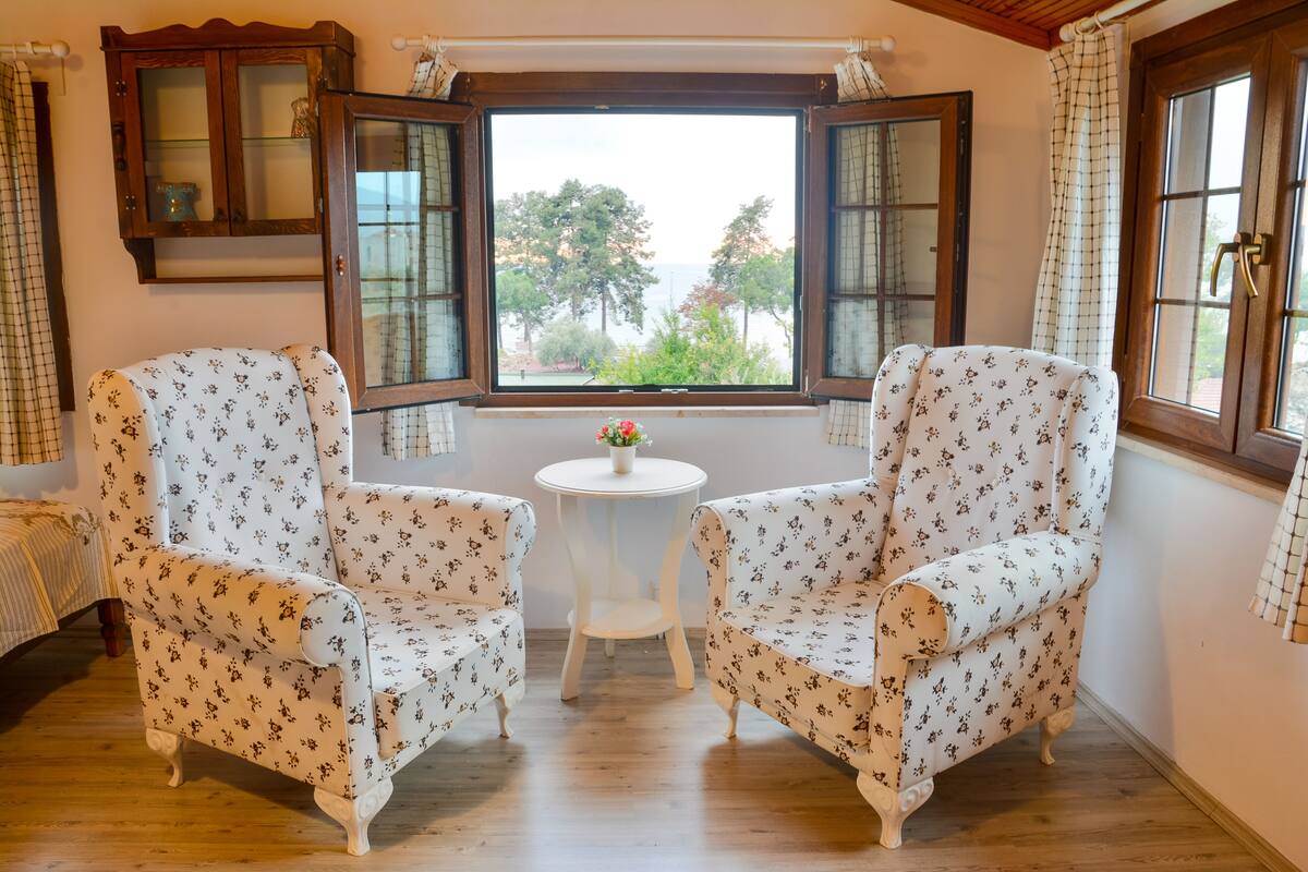 A room with two floral-patterned chairs, a small round table with a vase, and a view through a window with open shutters.