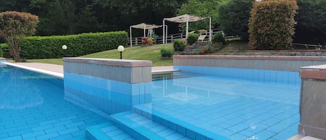 Seasonal outdoor pool, a rooftop pool, pool umbrellas, pool loungers