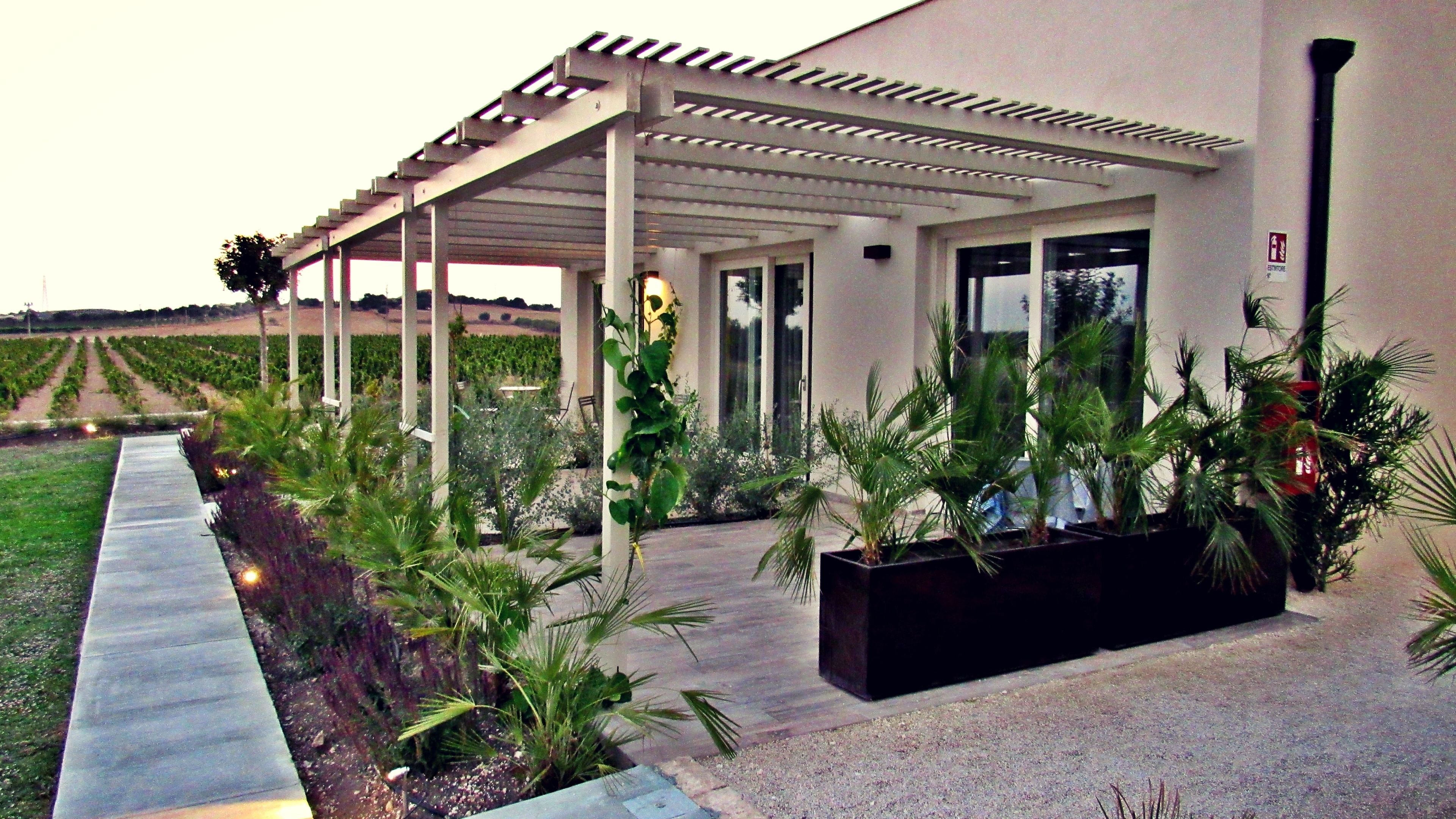 A covered outdoor area with a pathway leading to a building entrance, surrounded by greenery and a field in the background.