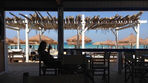 Un restaurante frente a la playa con mesas y sillas de madera, sombrillas de paja y vista al océano.