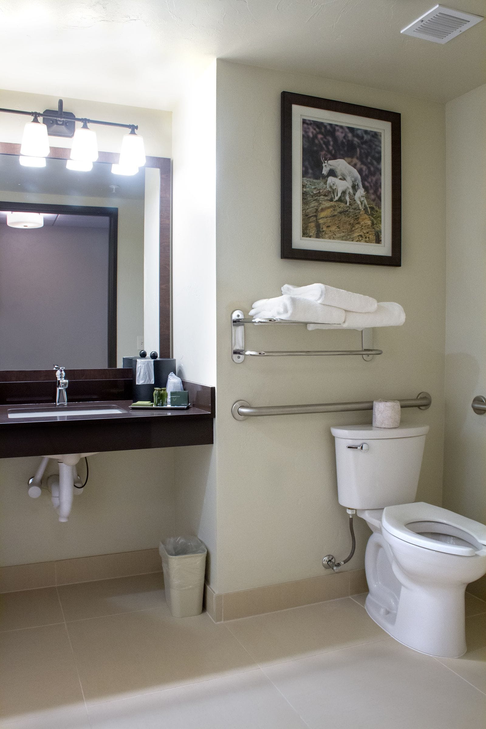 A bathroom with a sink, mirror, towel rack, toilet, and a framed picture on the wall.