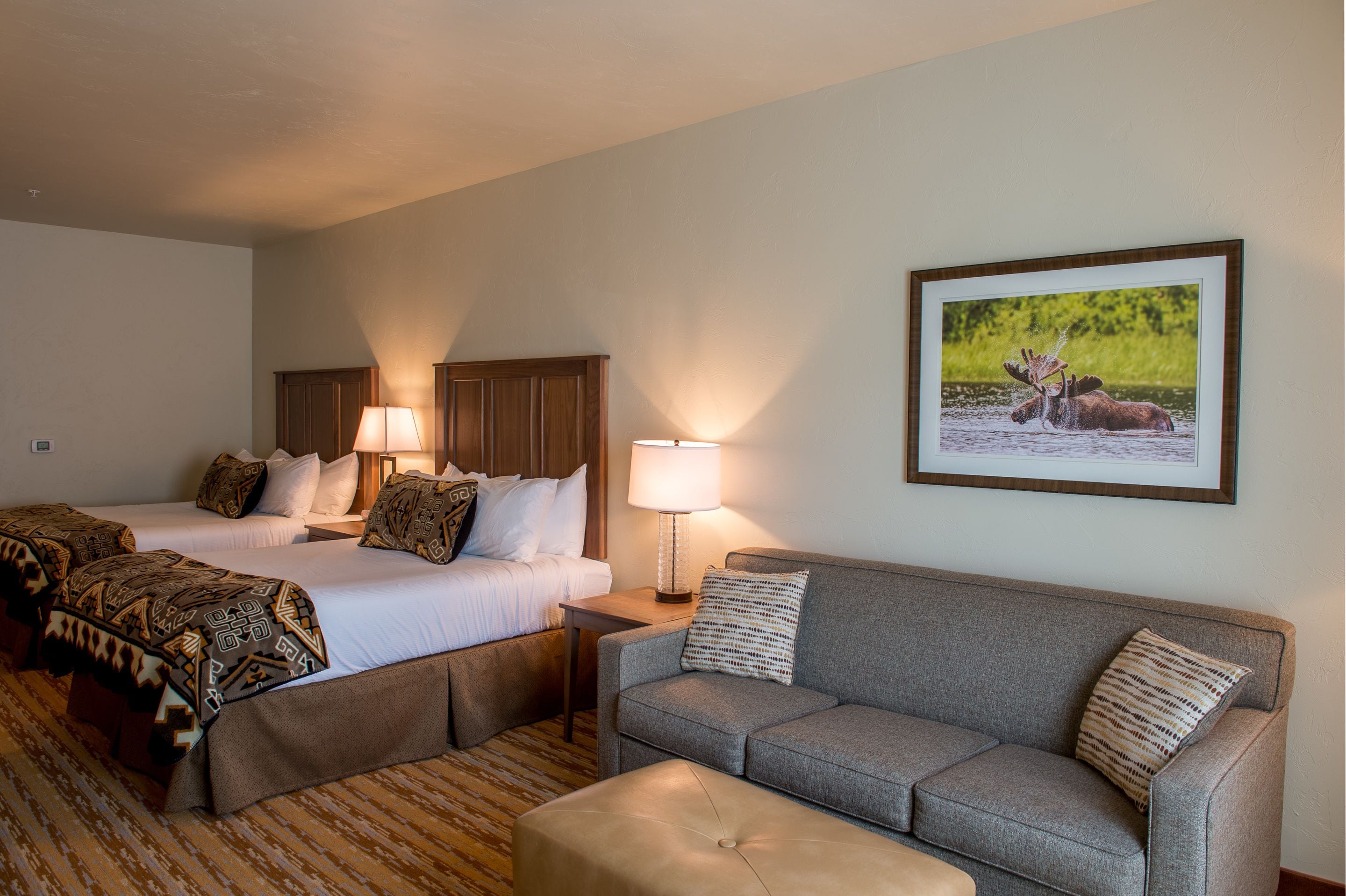 A hotel room with two beds, a grey sofa, and a framed wildlife picture on the wall.
