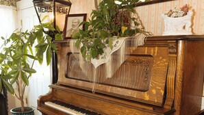 A grand piano in a room with a floral carpet, a mirror, and a hanging plant. - Julian Gold Rush Hotel (Julian)