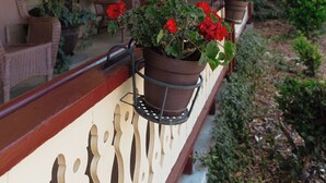 A porch with potted plants and outdoor furniture. - Julian Gold Rush Hotel (Julian)