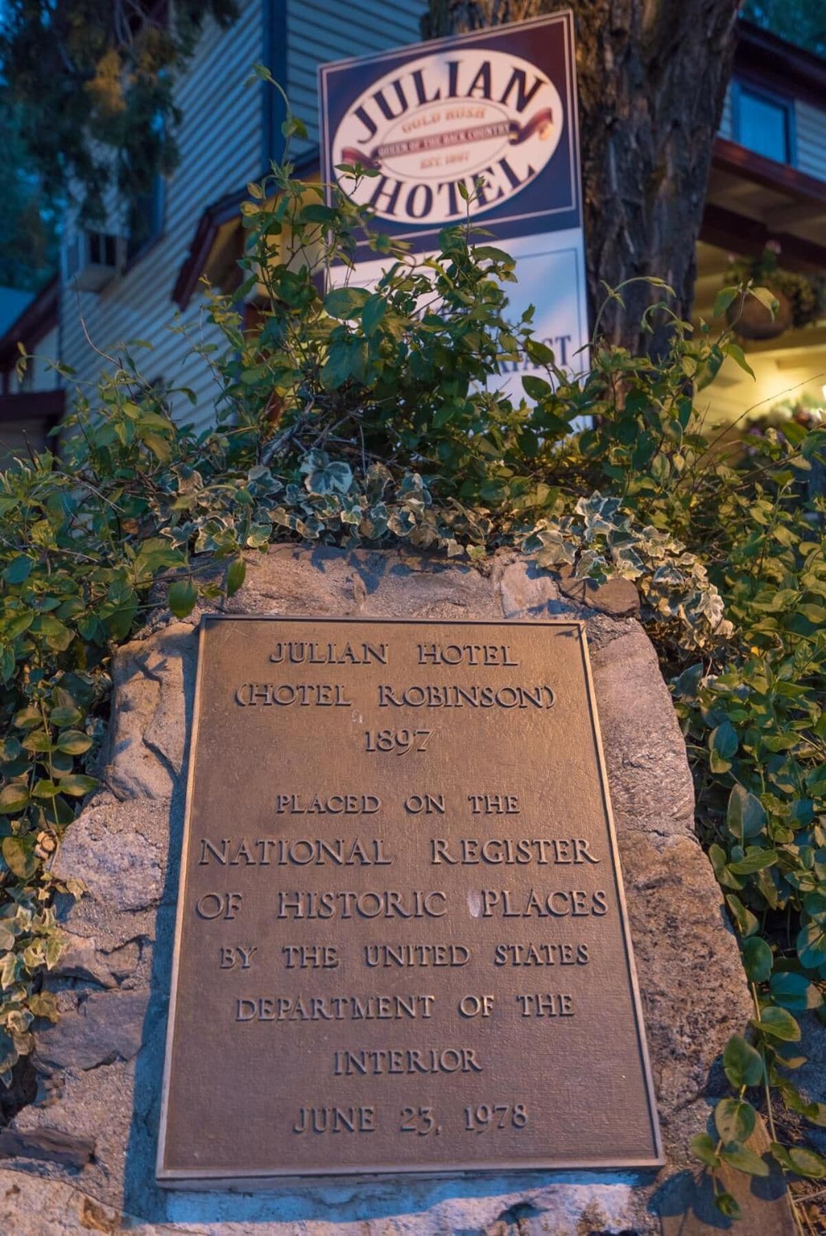 A plaque for Julian Hotel, Hotel Robinson, established in 1897, placed on the National Register of Historic Places by the U.S. Department of the Interior on June 23, 1978.