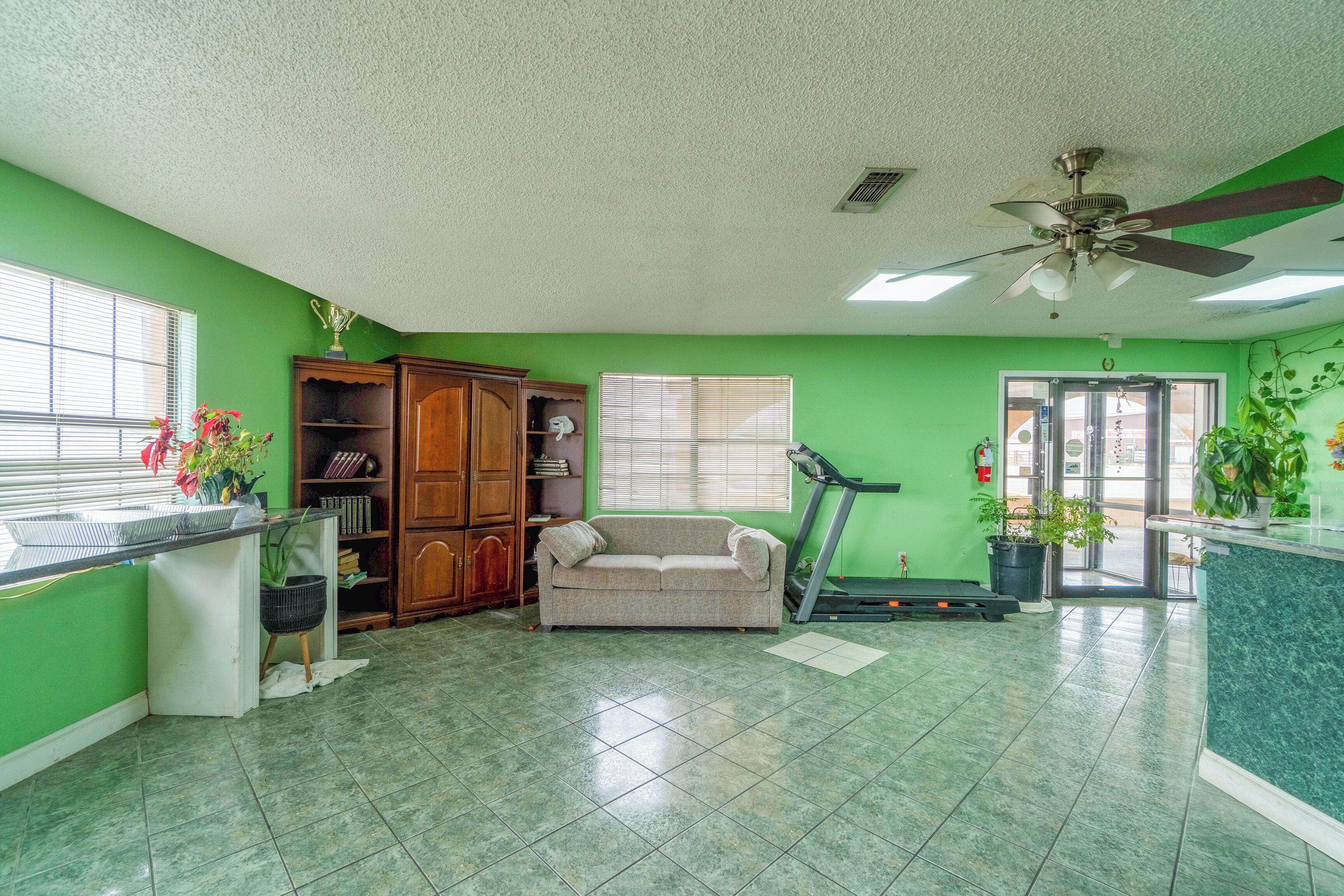 Una habitación con paredes verdes, una cinta de correr, un sofá, un armario de madera y un ventilador de techo.