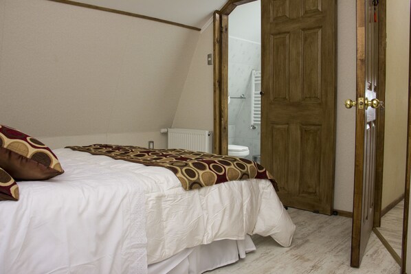 Un dormitorio con una cama, una puerta de madera y un radiador.