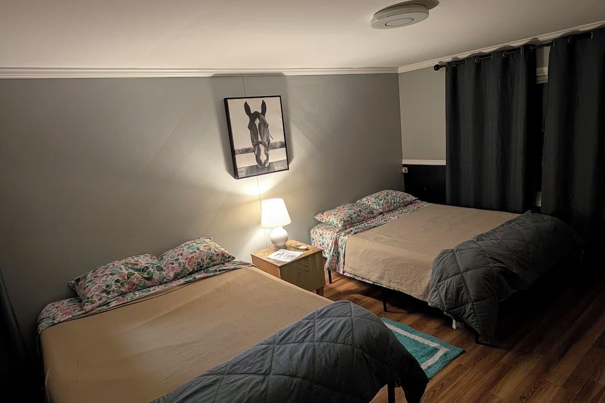 A bedroom with two beds, a nightstand with a lamp, a framed picture on the wall, and a window with curtains.
