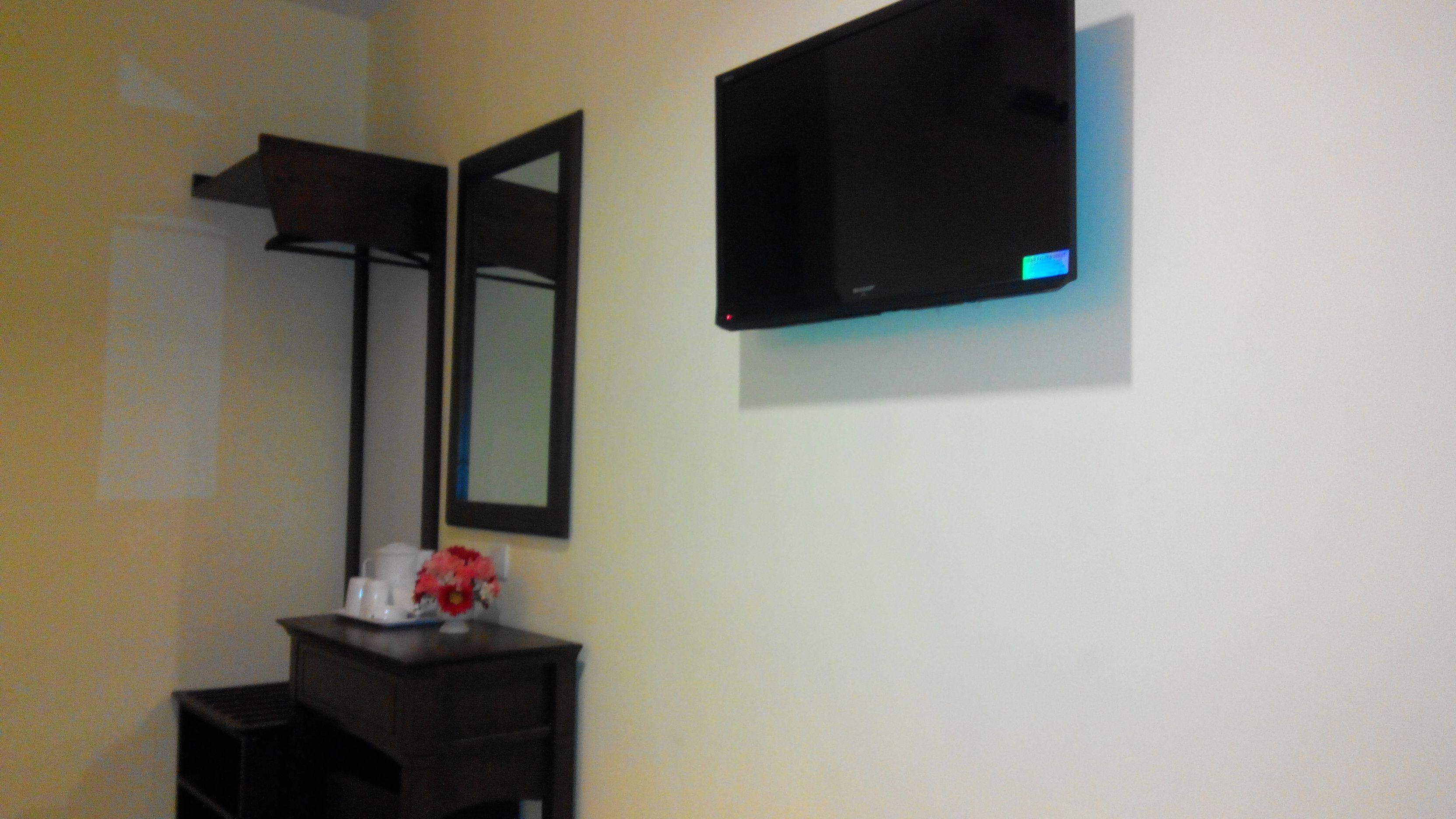 A bathroom with a mirror, a sink, and a television mounted on the wall.