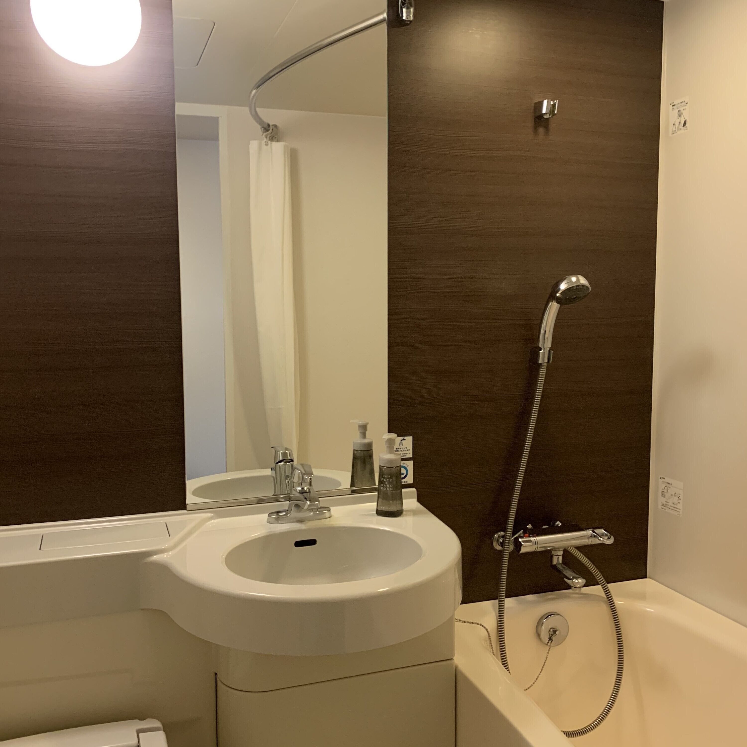 combined shower/bathtub, free toiletries, hair dryer, slippers