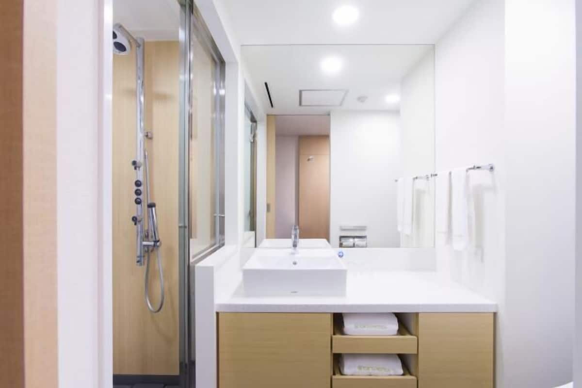 Duschwanne, kostenlose Toilettenartikel, Haartrockner, Hausschuhe