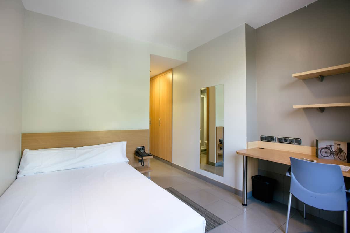 A hotel room with a bed, a desk, a chair, a mirror, and a bicycle.