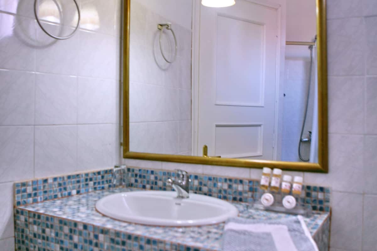 shower, designer toiletries, hair dryer, towels