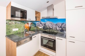 Suite-Apartment, 2 Schlafzimmer (Cleaning fee 95 EUR included) | ครัวส่วนตัว | ตู้เย็น, ไมโครเวฟ, เตาอบ, เตาประกอบอาหาร