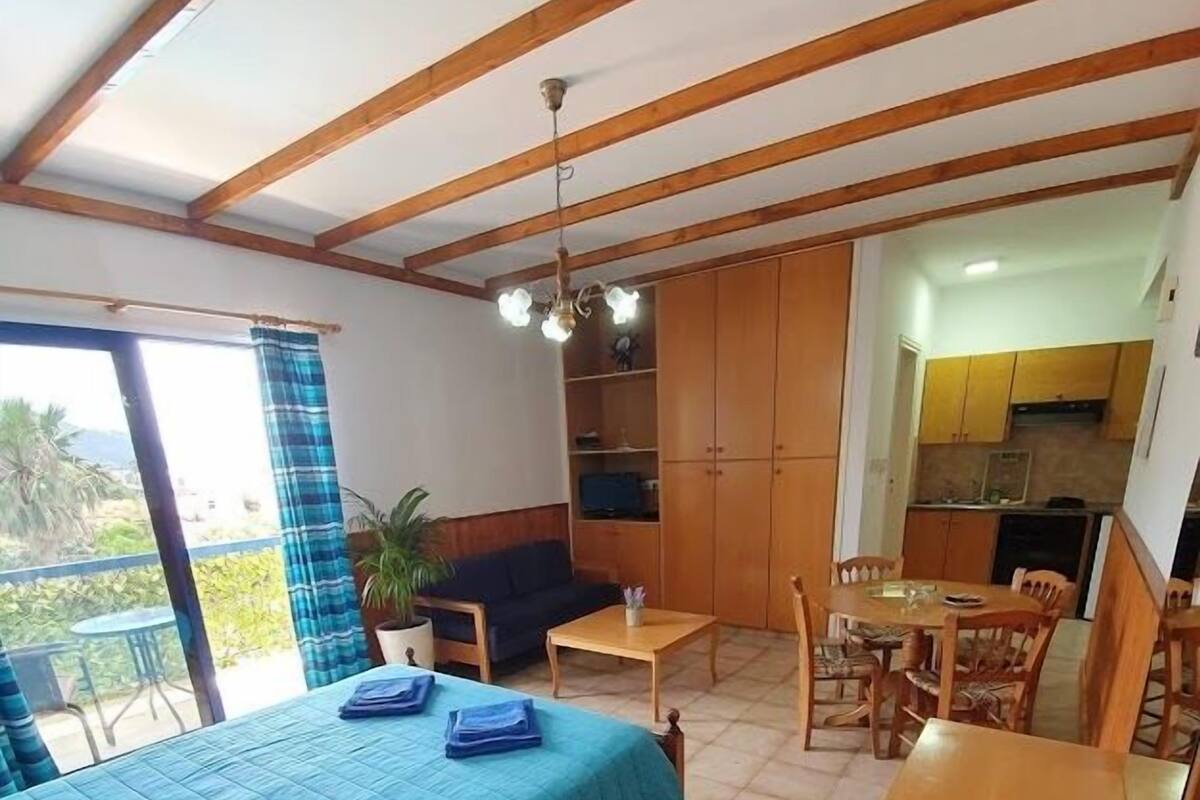 A room with a bed, a sofa, a dining table, and a kitchen area.