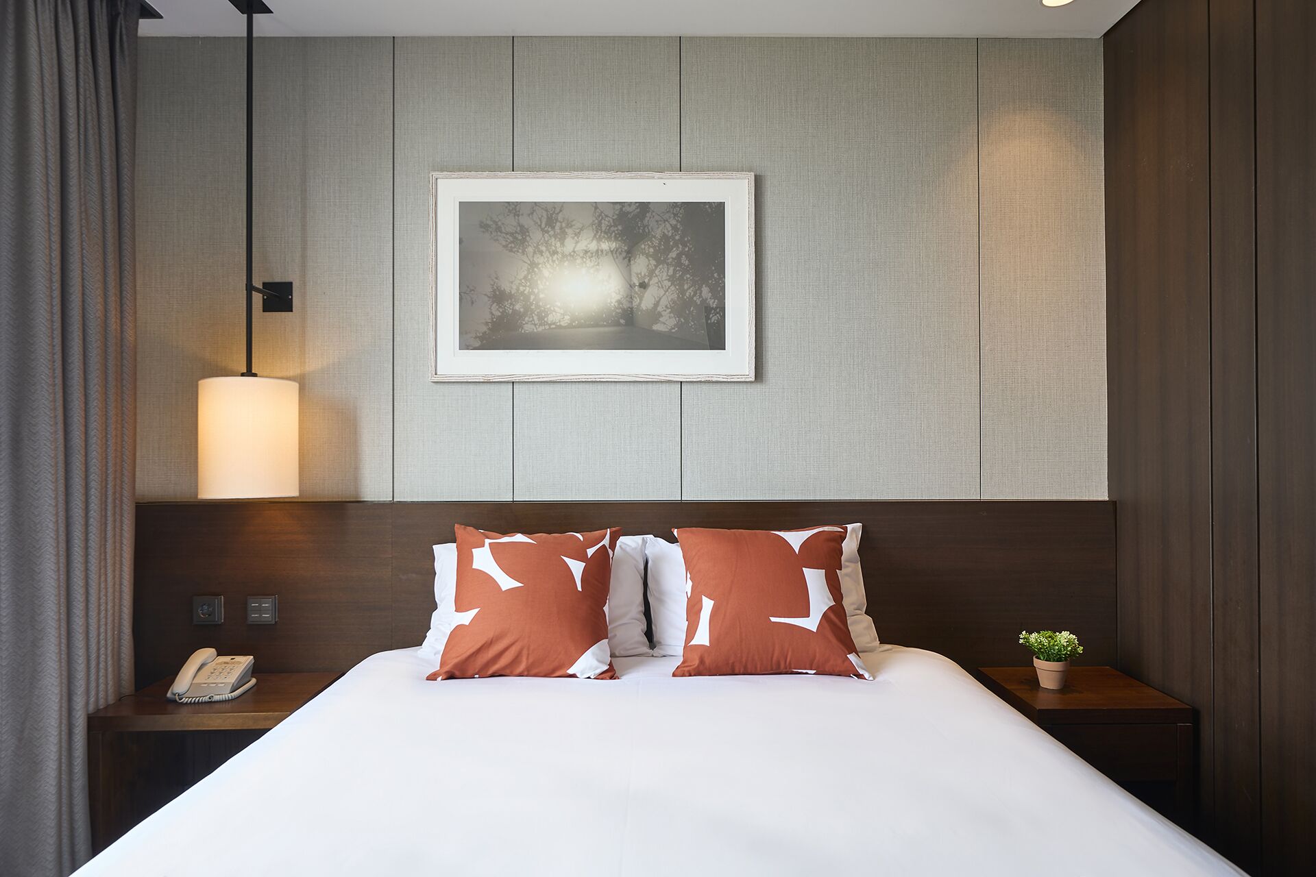 Habitación de hotel con una cama grande, dos almohadas, una lámpara de noche y una planta pequeña en la mesita.